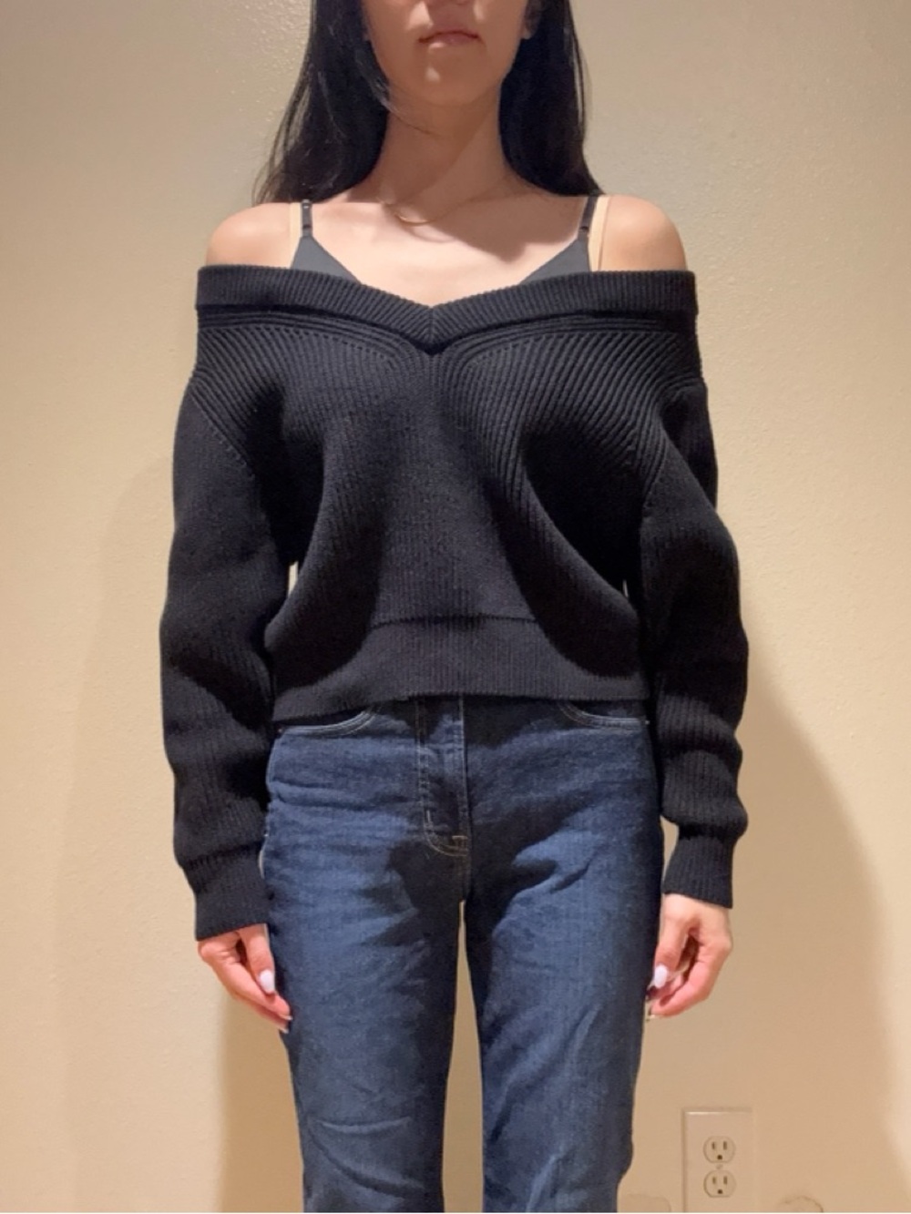 T by Alexander Wang Black Off-Shoulder Ribbed Knit Sweater